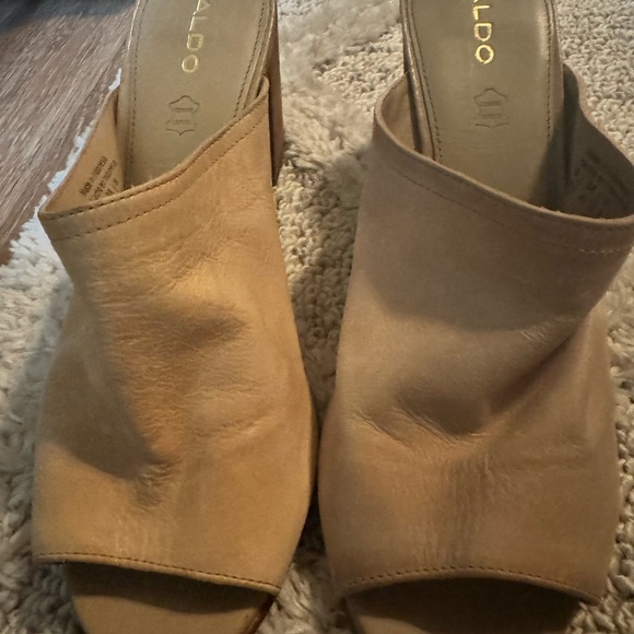 ALDO Nude Dorothy Soft Leather Wooden Block Heel Peep Toe Slip-on Slide … - Picture 4 of 8